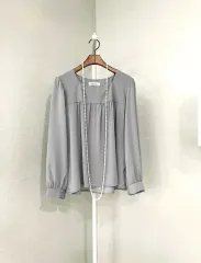 シフォン長袖シャーリングスクエアネック秋ゲストルックブラウス