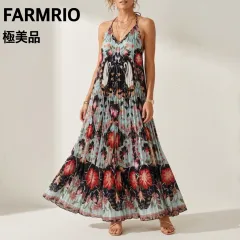 FARMRIO ファームリオ プリーツマキシワンピース 華やか マルチカラー Mサイズ リゾート 旅行 バカンス 花柄 スワン 総柄 サマードレス フレア Aライン ノースリーブ ロング エレガント 大人可愛い 高見え インポート ブラジル 美品