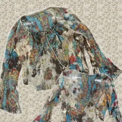 日本 ヴィンテージ 秋 ボヘミアン グランジ エスニック パータン シースルー ブラウス カーディガン