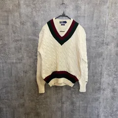 【Y-533】Polo Ralph Lauren ラルフローレン　ケーブルニット セーター アイボリー Vネック M ラルフローレン 古着