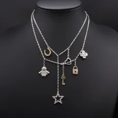 R423 スワロフスキー SWAROVSKI ネックレス チャーム ラインストーン 鍵 ハート スター 2連 ゴールドカラー デザイン シルバーカラー
