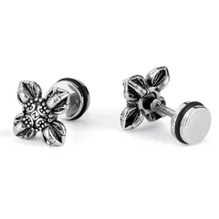 【新品】 Rockyu 十字架ピアス メンズ ステンレス 黒シルバー フラワー クロス フラワーピアス おしゃれ 男性用 アクセサリー タイタニウム ステンレス 花柄 モダン クリスマス ギフト