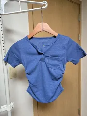 青 リブ 半袖 Tシャツ 新品