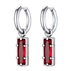 【新品】 PROSTEEL メンズ フープピアス ステンレス ジルコニア ルビー 人造石 レクタングル 揺れる かっこいい 韓国 ストリート アクセサリー（レッドストーン) 0