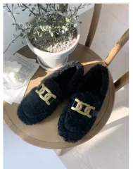 チェーン装飾 ファー スリッパ ブラック