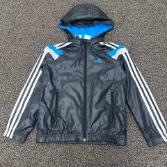 アディダス キッズ フード アウター ウィンドブレーカー ジャケット 130 サイズ ブラック ブルー
