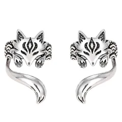 【新品】 RekiLife イヤーカフ 狐 イヤリング 左右ペア セット シルバー ノンホールピアス キツネ ユニセックス 1