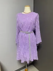 紫 フリンジ ベルト ワンピース