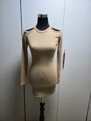 ベージュ ブラウン系 ストレッチ ショルダー スリット ミニ ONE PIECE