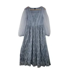 SHEIN 青 ロング ワンピース XS ヴィンテージ シフォン ロング丈ワンピース