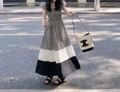 チェック パターン バイカラー ワンピース- M