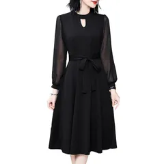 [ReiLuana] ワンピース 黒 フォーマル シフォン 卒業式 Aライン 上品 入学式 ドレス 膝丈 ママ スーツ (JP, アルファベット, M, ブラック) [ブラック] [M]