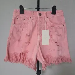 新品 ザラ ピンク ダメージ デニム ショーツ ハーフパンツ ズボン W-ズボン-253
