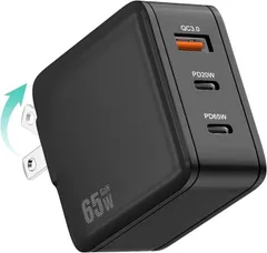 99h2521 65W USB充電器 Type C 急速充電器 高速充電器 PD対応 USB-C×2 & USB A 3ポートGaN(窒化ガリウム) 折りたたみ式プラグ PSE技術基準適合
