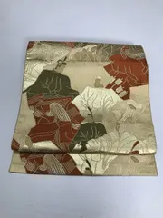 【中古】 名古屋帯 交織 ゴールド地に十二単文様 八寸 六通柄 