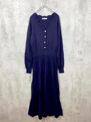 natural couture ナチュラルクチュール ロング スカラッププリーツニット ワンピース sizeF/紺 ■■ レディース