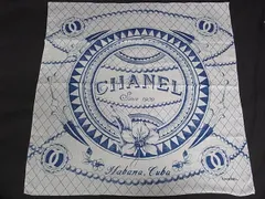 ■新品同様■ CHANEL シャネル ココマーク コットン100％ スカーフ ストール ショール ホワイト系×ブルー系 FT8811