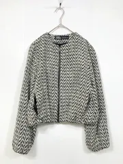 ZARA ザラ ジップアップ ノーカラー カジュアル ヘリンボーン ボンバー ブルゾン ジャケット sizeXS/白ｘ黒 ■■ レディース