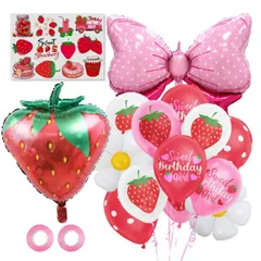 siawadeky 誕生日 バルーン 風船セット 3D蝶結び いちご バルーン装飾 合計17点 HAPPY BIRTHDAY 飾り付け かわいい 写真背景 部屋 室内 屋外 お祝い パーティー飾り 子ども 男の子 女の子 バースデーデコレーション