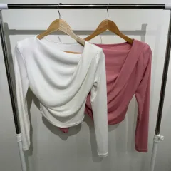 新品 マグノリア 長袖 Tシャツ ホワイト/ピンク ドレープ ショート ピング