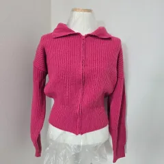 ピンク ニット ジップアップ カーディガン