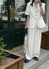リネン 半袖 ジャケット ワイド パンツ セットアップ アイボリー