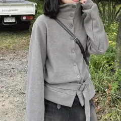 ハイネック ベルト トレンチ ニット カーディガン Black