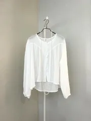 白 長袖 コットン シャーリング ルーズフィット ボタン ラウンドネック ブラウス