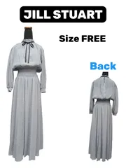 JILL STUART ロングワンピース フリルネック リボン付き ウエストシャーリング バルーン袖 ライトグレー フェミニン 上品