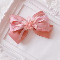 ❤️368 フラワーグログランレースリボンヘアクリップピン❤️くすみピンク