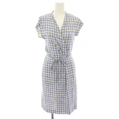 ダイアンフォンファステンバーグ DIANE von FURSTENBERG ミンディ MINDY ワンピース ひざ丈 半袖 カシュクール 総柄 リボン 絹 シルク 0 サックスブルー 白 ホワイト D4844001A12 /YT