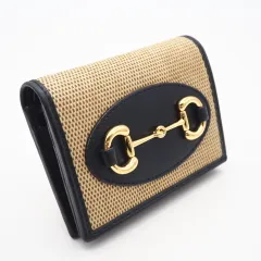 ★3日以内返品可★ 美品 GUCCI グッチ ホースビット 1955 カードケース ウォレット コイン＆紙幣入れ付き 621887 二つ折り財布 ベージュ ネイビー キャンバス レザー レディース