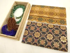 平和屋本店▼数珠・念珠入れ 数珠4点セット 天然石 アベンチュリン インド翡翠 金襴 法衣 寺院 仏具 仏教 僧侶 神職 装束 AABH2769ja