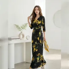 フラワー Rab ロング ONE PIECE スリムフィット Vネック 花柄 リゾートスタイル ㅡ送料無料