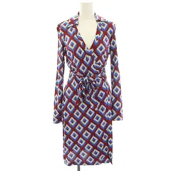 ダイアンフォンファステンバーグ DIANE von FURSTENBERG ワンピース 絹 シルク 2 赤 レッド 青 ブルー 幾何学柄 総柄 カシュクール 長袖 ひざ丈 /HN