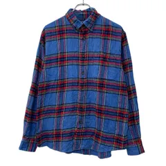 LANDS'END 長袖 ネルシャツ L ブルー マルチカラー ランズエンド ボタンダウン ボタン 胸ポケット チェック柄 カジュアル 秋物 a803-6458
