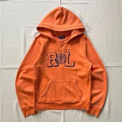 archive　POLO RALPH LAUREN　ポロラルフローレン　ヴィンテージ加工　プルオーバー　フーデッドパーカー　スウェット生地　RLエンブレムロゴプリント　前Vガゼット　オレンジ　Y2K　アメカジ　emblem logo hoodie parka