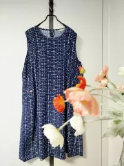 ネイビー パータン 冷たい レーヨン 羊 両側 ポケット A LINE ノースリーブ ONE PIECE