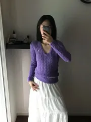 ポロラルフローレン ポニーロゴ ラベンダー ケーブル Vネック ニット 必須アイテム