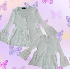 日本 ヴィンテージ ロマンス クロシェ 森ガール パール レース フリル袖 カーディガン