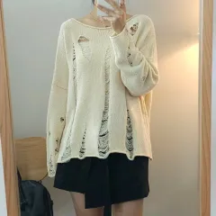 ZARA レディース ルーズフィット ダメージ 長袖 ニット アイボリー F19M3530