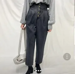 ハイウエスト ボタン デニム パンツ ブラックジーンズ