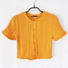 ZARA フリル クロップド 半袖ニットカーディガン S