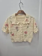 クロシェ フラワー 半袖 カーディガン アイボリー