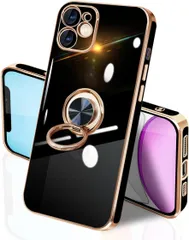 10M452 iPhoneケース リング付き  TPU カバー 全面保護 耐衝撃 スマホケース スタンド機能 携帯カバー 車載ホルダー対応 ストラップホール付き メッキ加工 擦り傷防止 （ブラック）