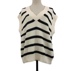 ザラ ZARA ベスト ニット ボーダー Vネック USA L 白 黒 ホワイト ブラック