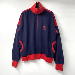 【中古】80s adidas ハーフジップスウェット サイズL ネイビー レッド フロッキープリント アディダス[17]