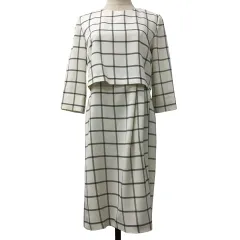 23区 オンワード樫山 ワンピース Iライン ひざ丈 ラウンドネック チェック 切替 七分袖 36 白 黒 ホワイト ブラック