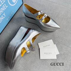 GUCCI グッチ ビジュー 厚底ローファー シルバー 37 レディース