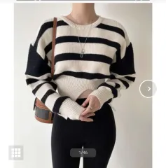 ストライプ クロップド ニット 長袖Tシャツ